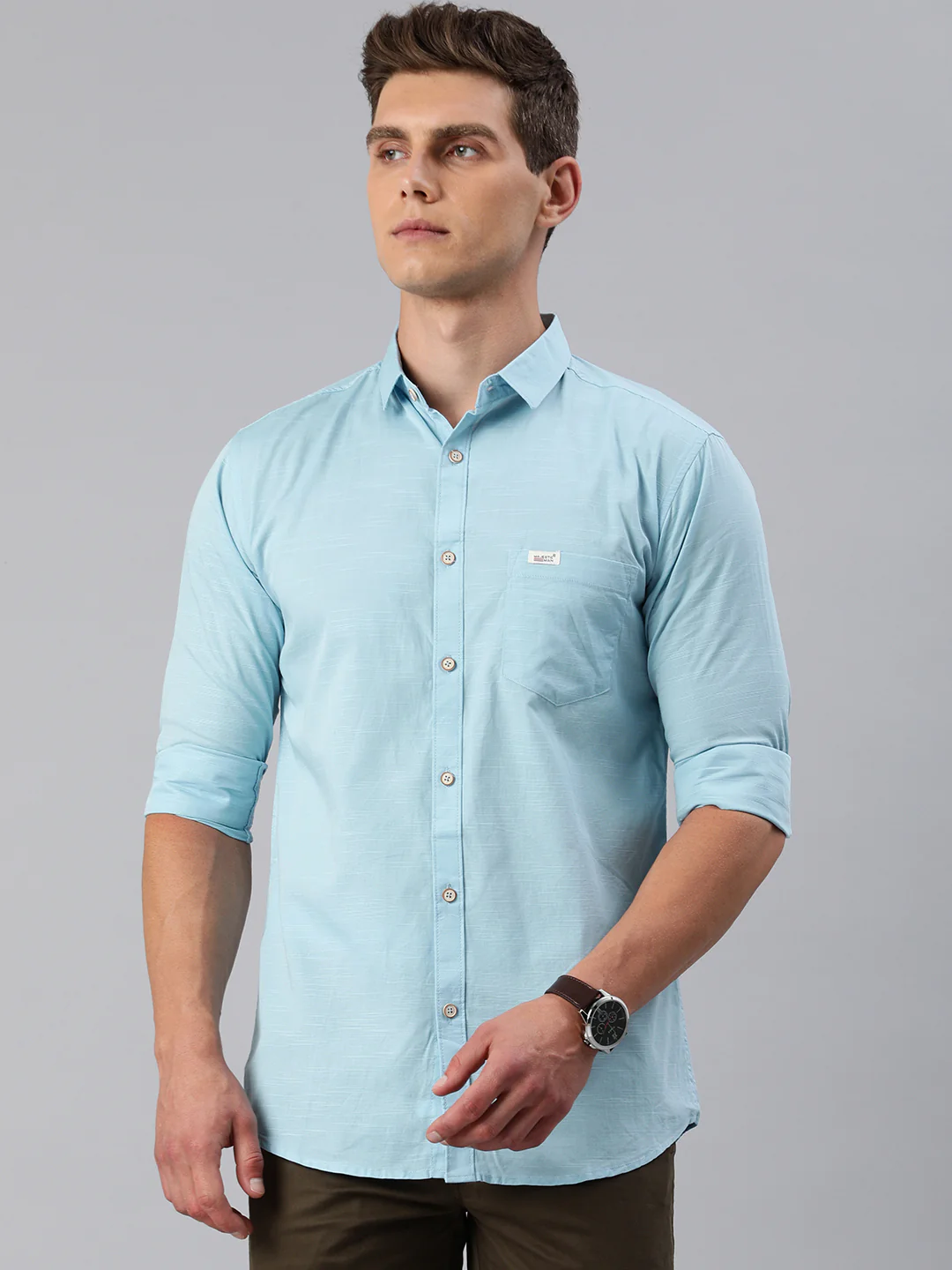Pure Cotton Casual Men's Shirt - Light Blue - Image 4