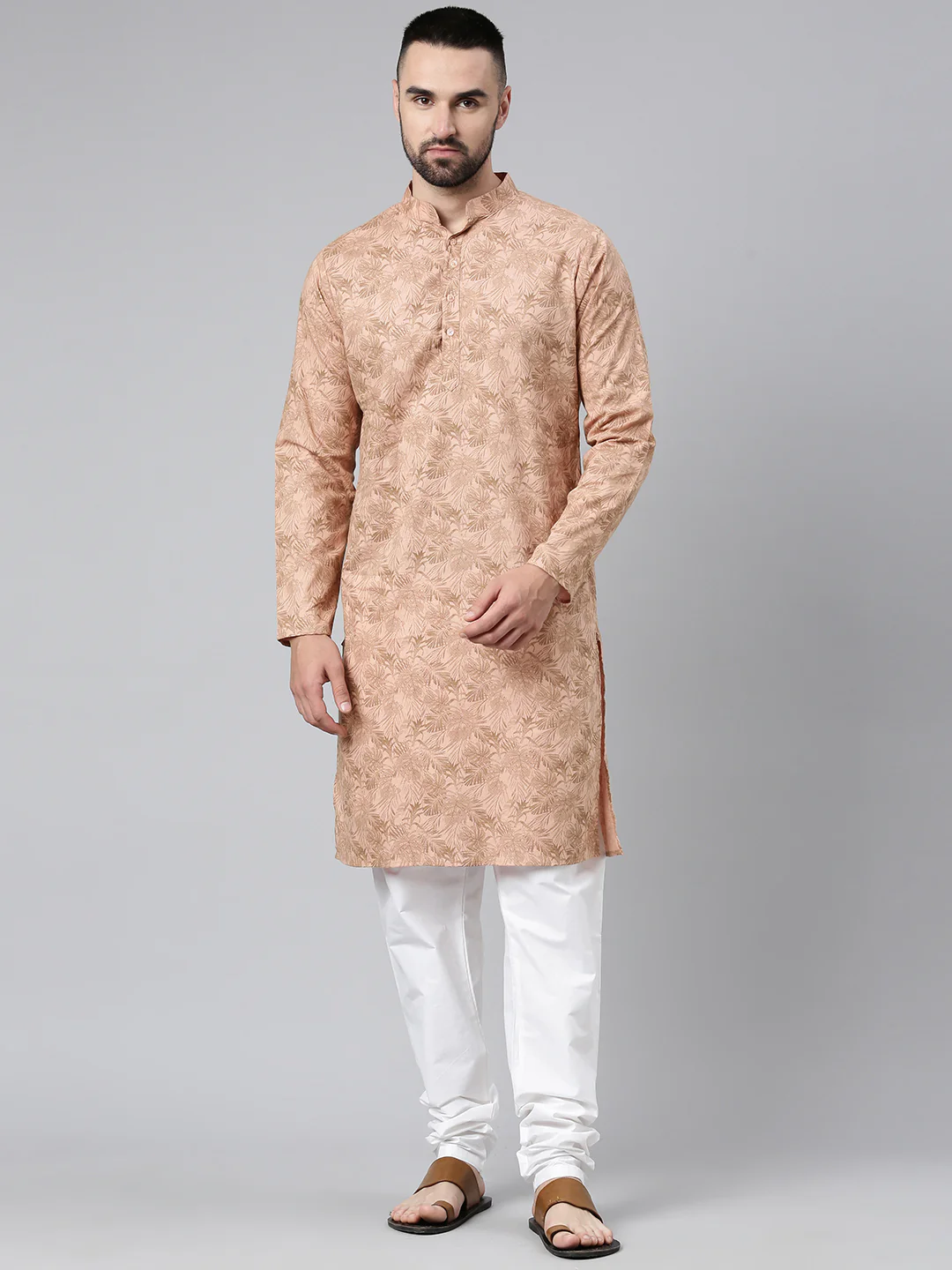Men's Ethnic Artisanal Impressions Printed Cotton Kurta - Peach