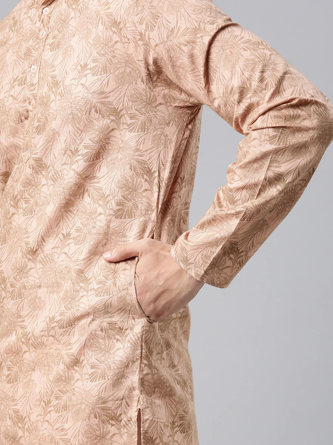 Men's Ethnic Artisanal Impressions Printed Cotton Kurta - Peach - Image 4