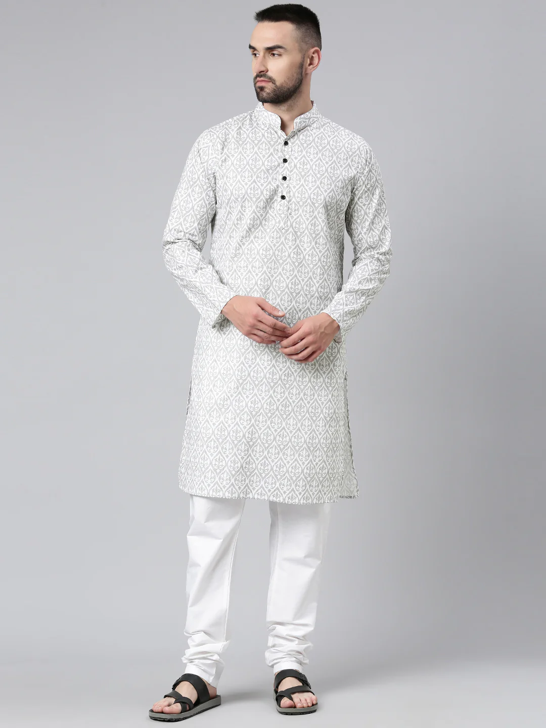 Men's Ethnic Artisanal Impressions Printed Cotton Kurta - White - Image 5