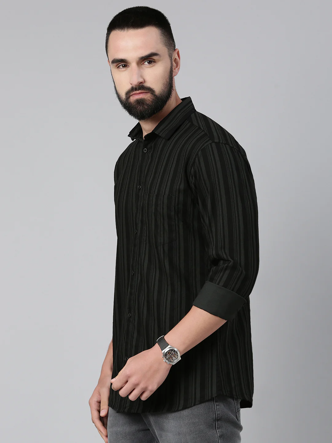 Men's Pure Cotton Slim Fit Striped Shirt - Bottle Green - Image 2