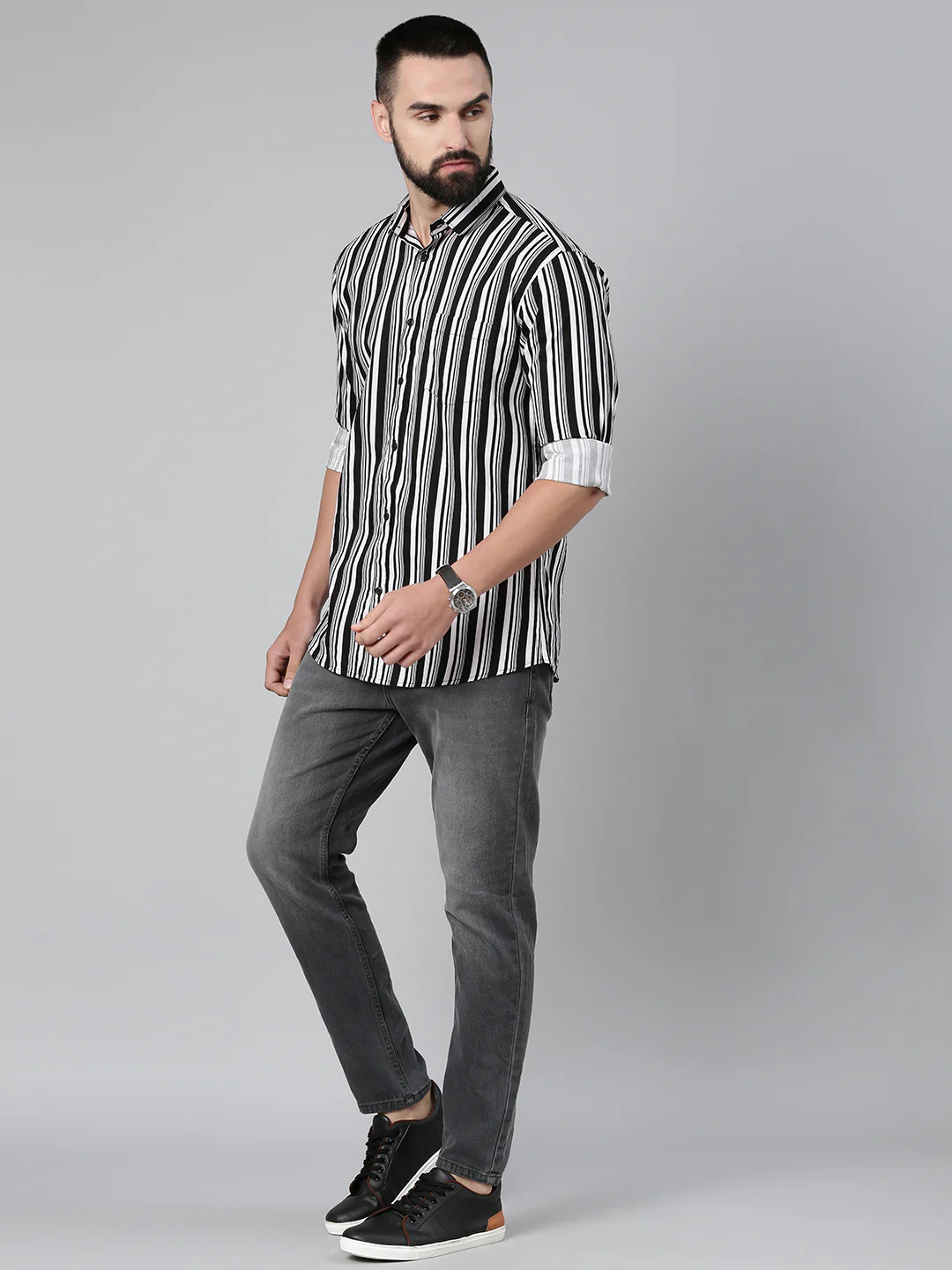 Men's Pure Cotton Slim Fit Striped Shirt - White - Image 2