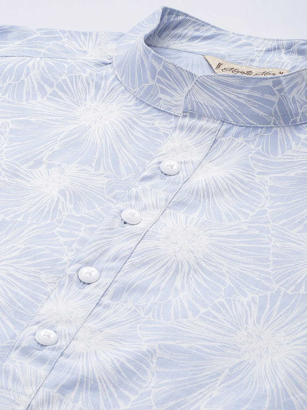 Moon flower printed pure cotton men's long kurta - Light Blue - Image 4