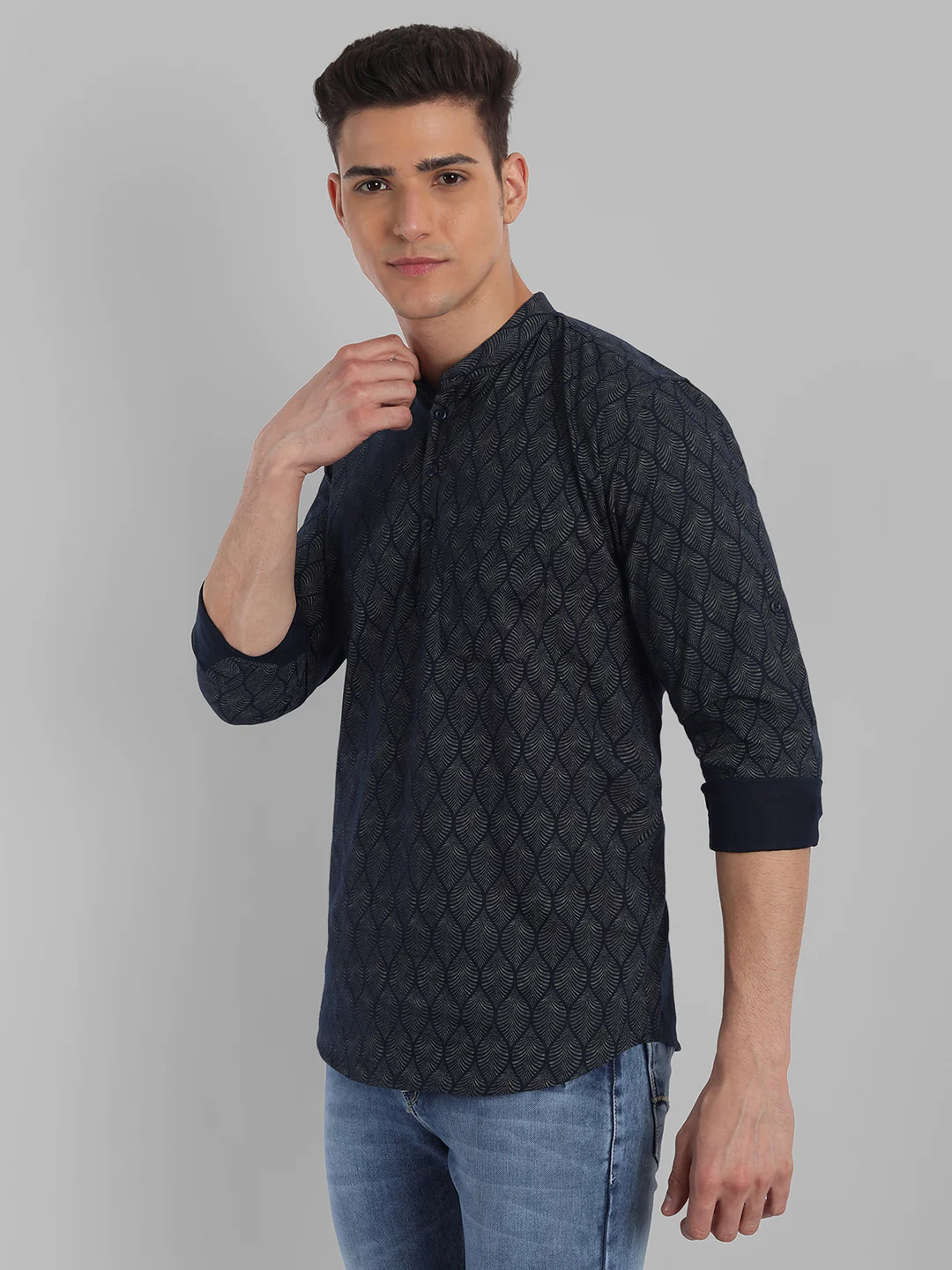 Nature elegance Leaf Printed Pure Cotton Short Kurta - Navy Blue - Image 3