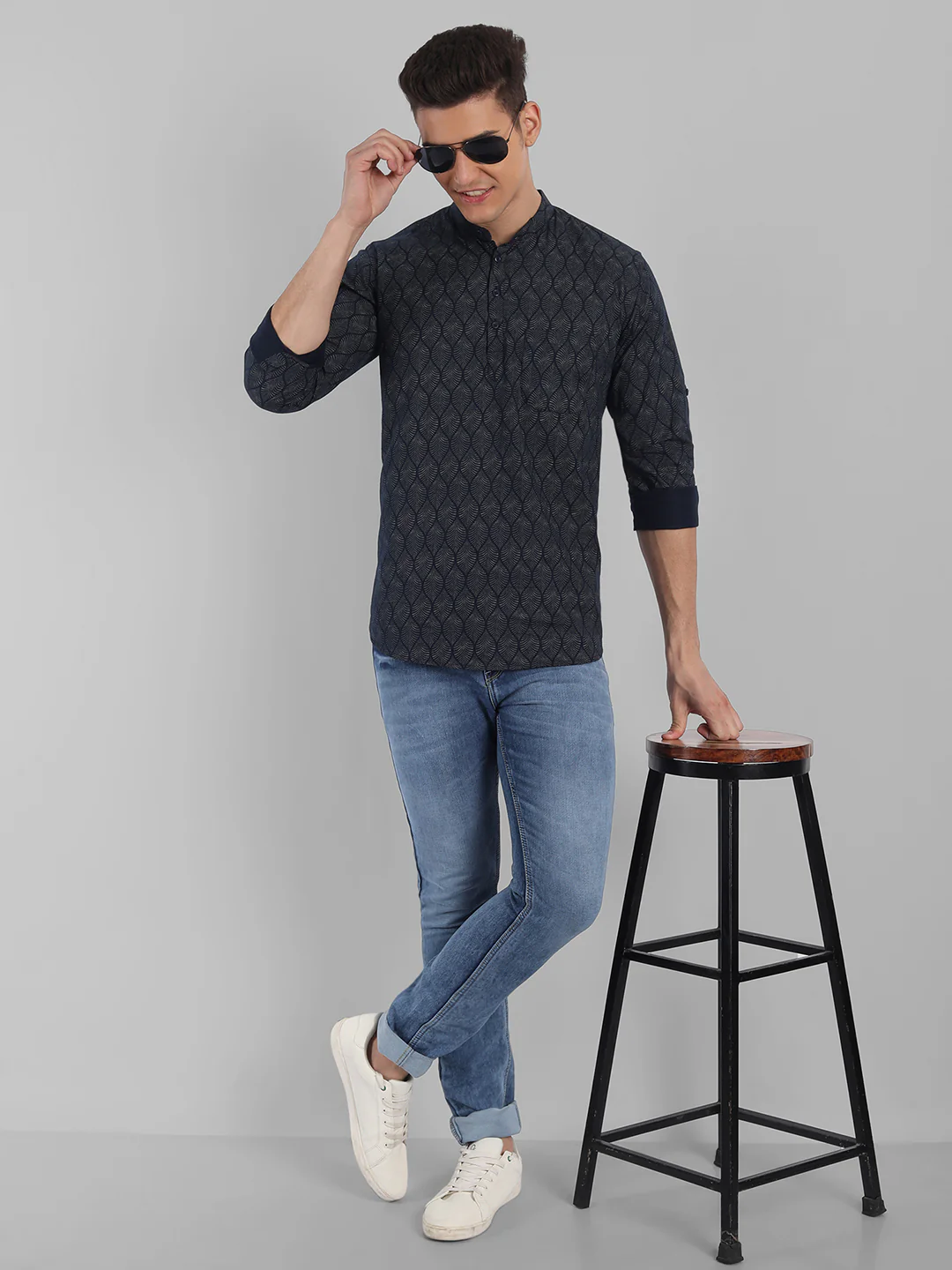 Nature elegance Leaf Printed Pure Cotton Short Kurta - Navy Blue - Image 4
