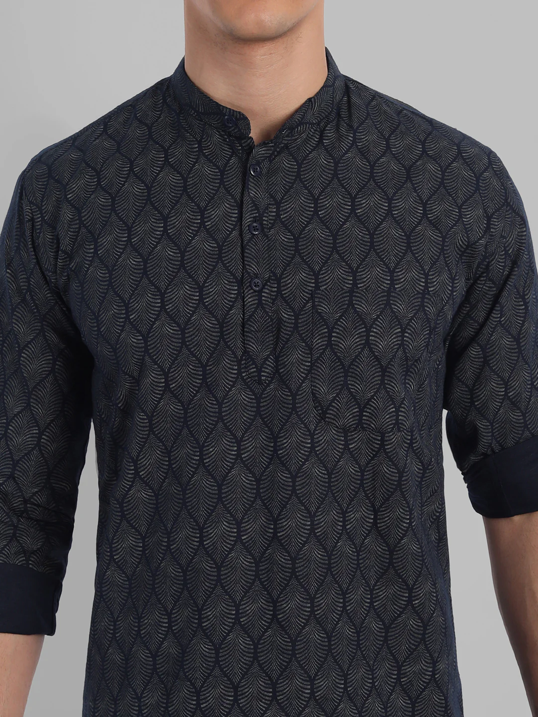 Nature elegance Leaf Printed Pure Cotton Short Kurta - Navy Blue - Image 6