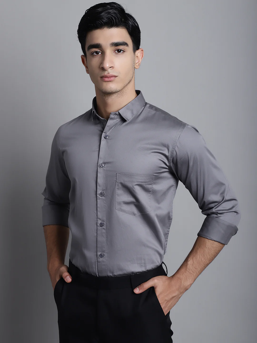 Paramount Pure Cotton Solid Shirt - Dark Grey - Image 5