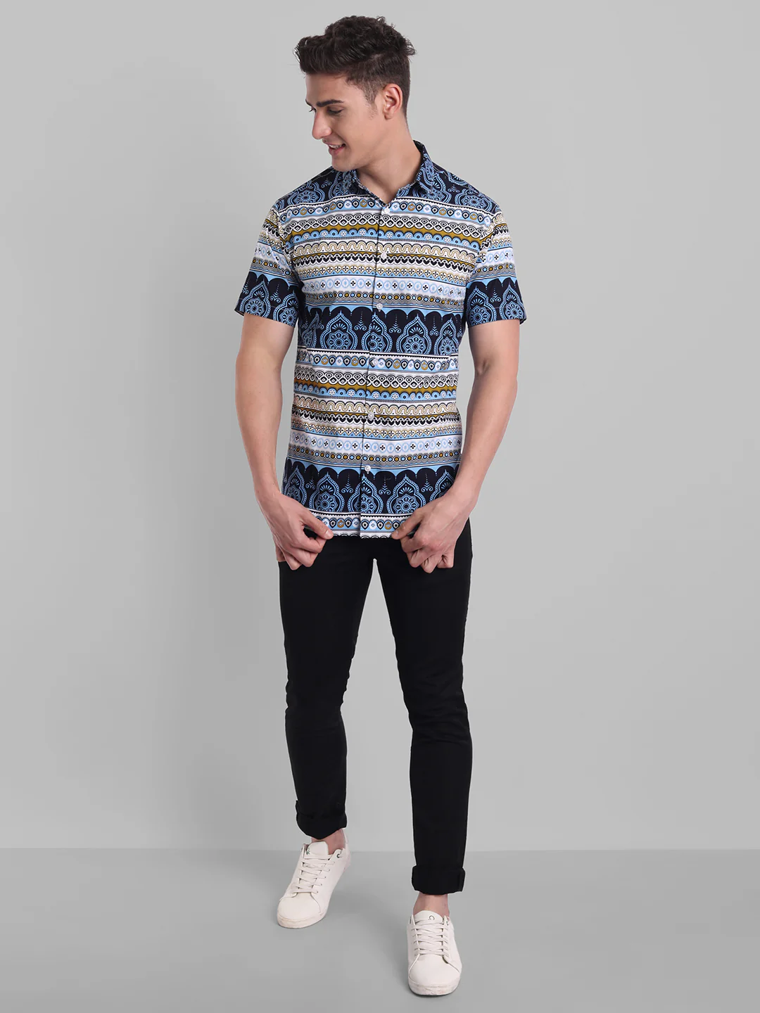 Printed Half Sleeves Gracefull Pure Cotton Shirt - Sky Blue - Image 6
