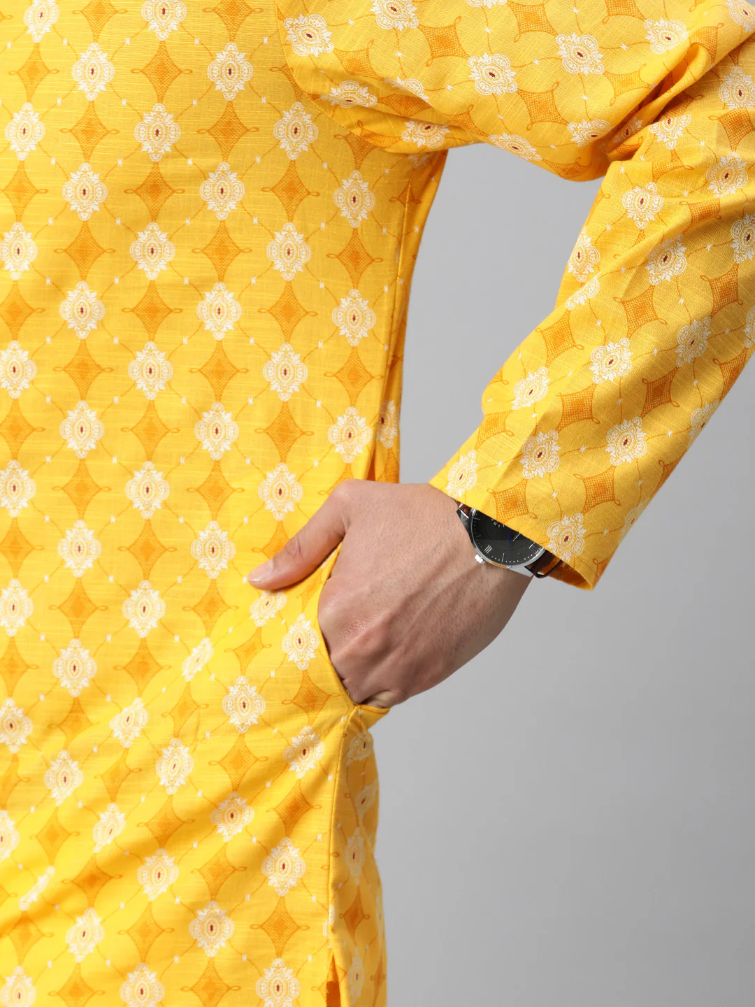 Pure cotton Printed  men's long kurta - Yellow - Image 2