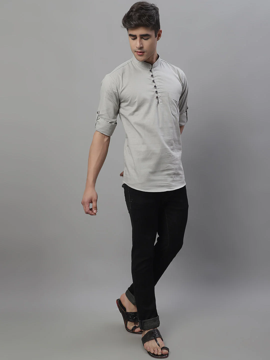 Pure Cotton timeless trendy Solid Kurta - Light Grey - Image 4