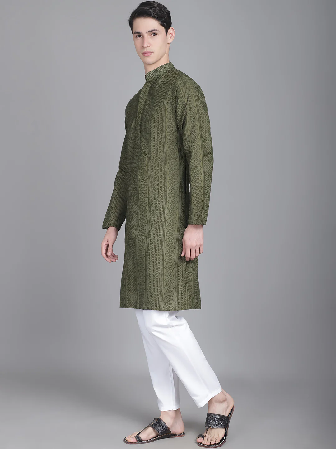 Regal Threads Double Placket Embroidered Men's Kurta - Mehndi - Image 2