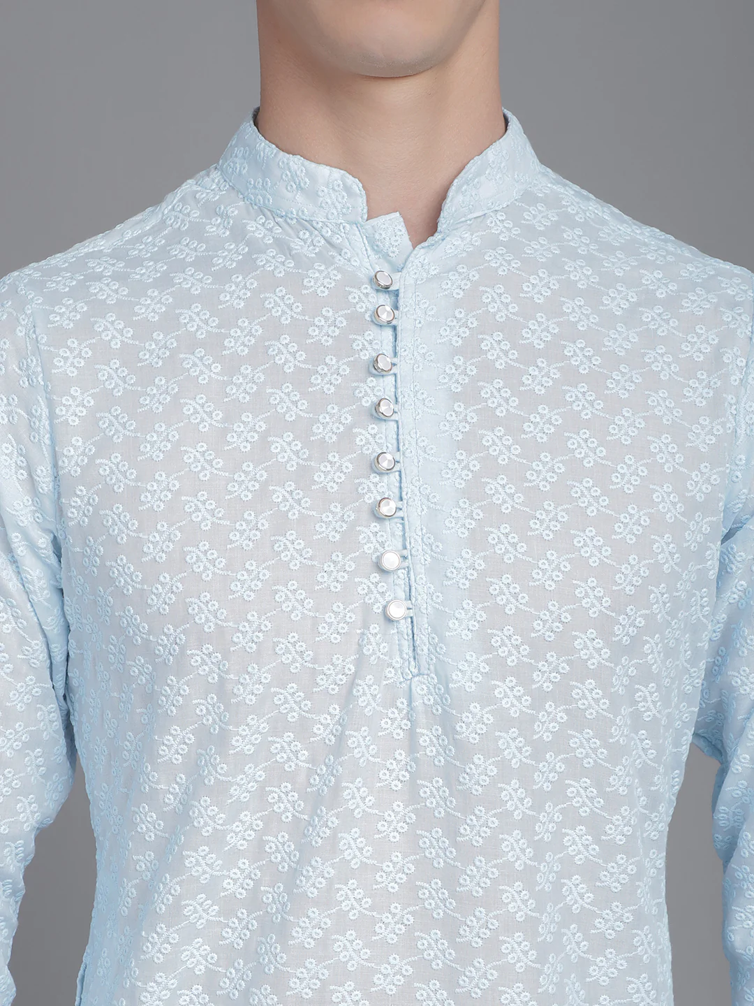 Sartorial Splendor Fancy Button Placket Embroidered Men's Kurta - Light Blue - Image 5