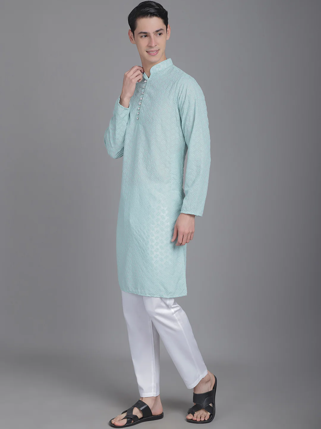 Sartorial Splendor Fancy Button Placket Embroidered Men's Kurta - Sea Green - Image 2