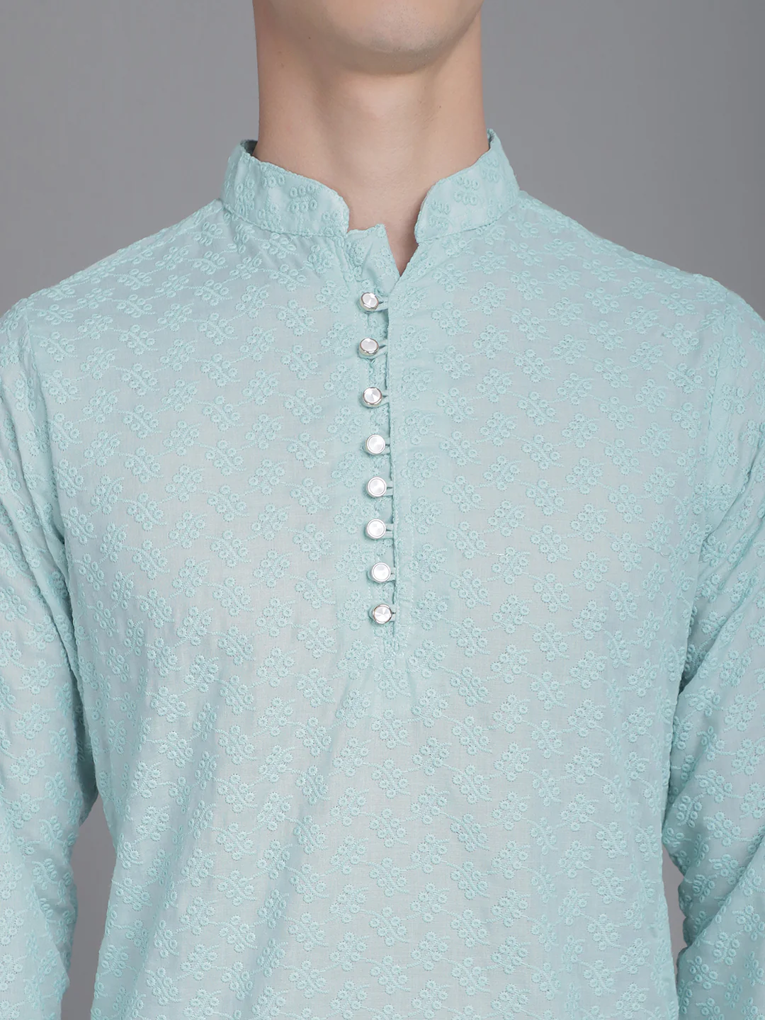 Sartorial Splendor Fancy Button Placket Embroidered Men's Kurta - Sea Green - Image 5
