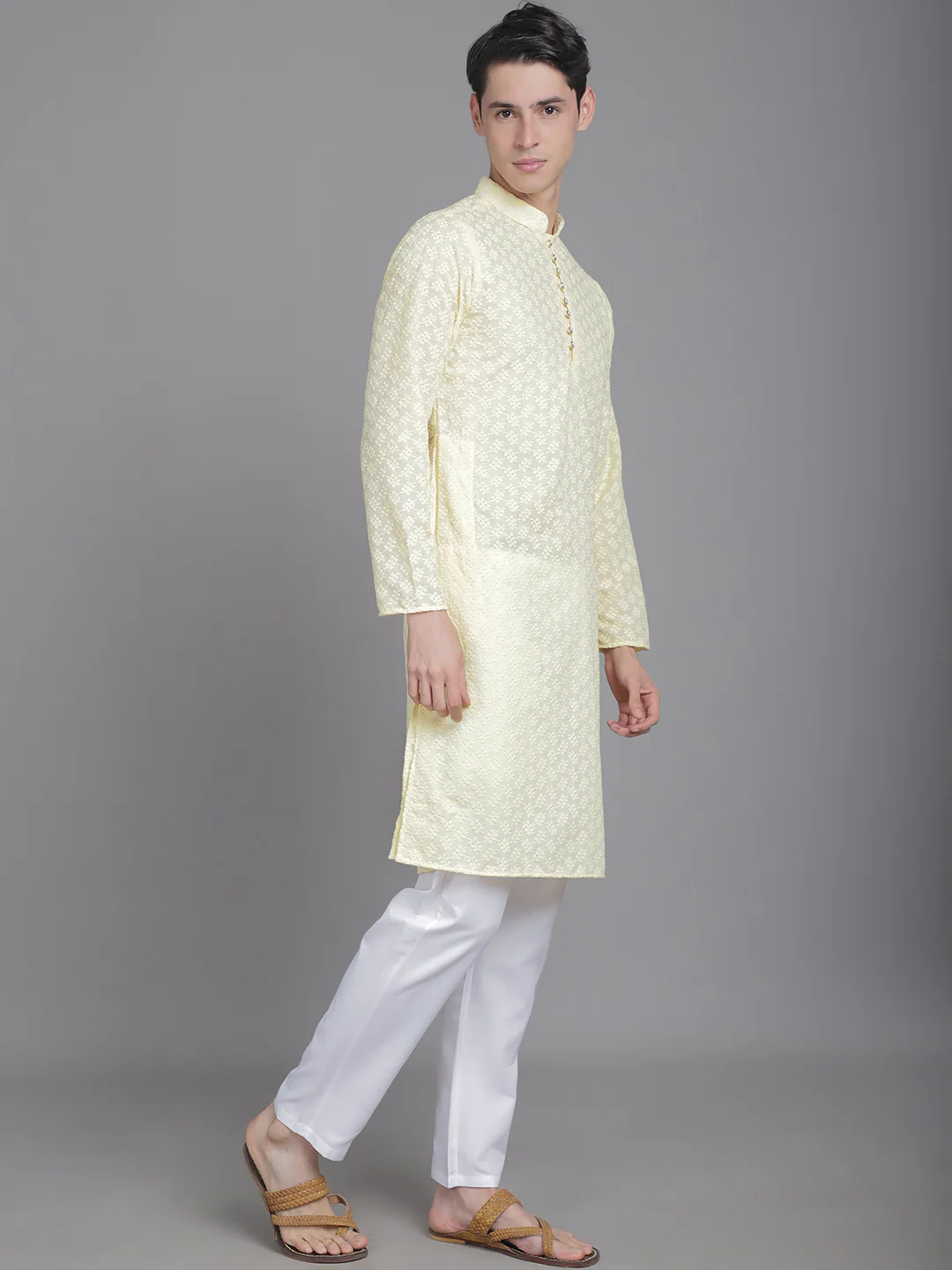 Sartorial Splendor Fancy Button Placket Embroidered Men's Kurta - Yellow - Image 3