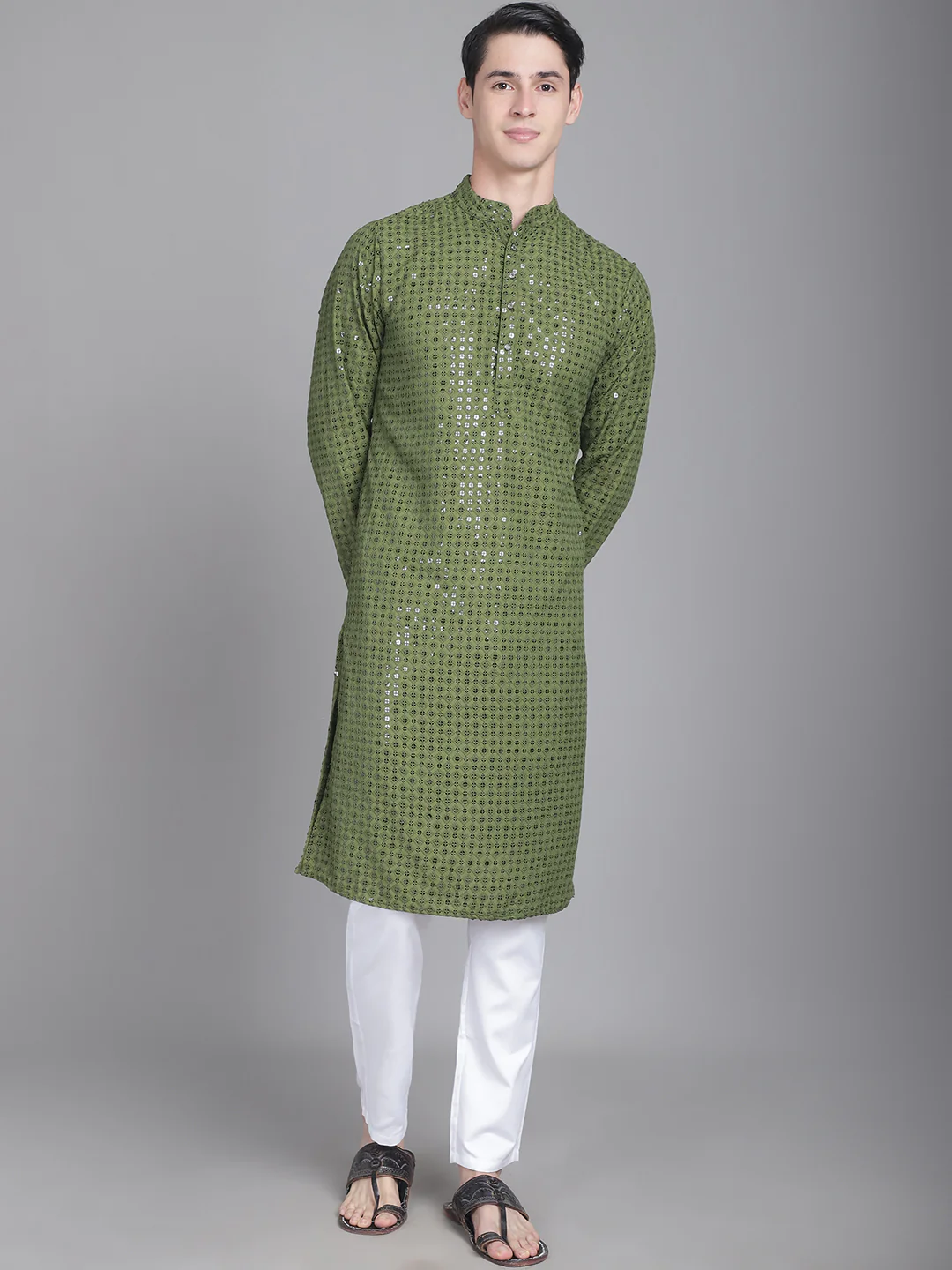 Sparkling Elegance Men's Long Sequence Kurta - Mehndi