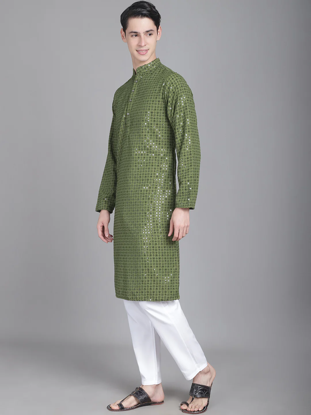 Sparkling Elegance Men's Long Sequence Kurta - Mehndi - Image 2