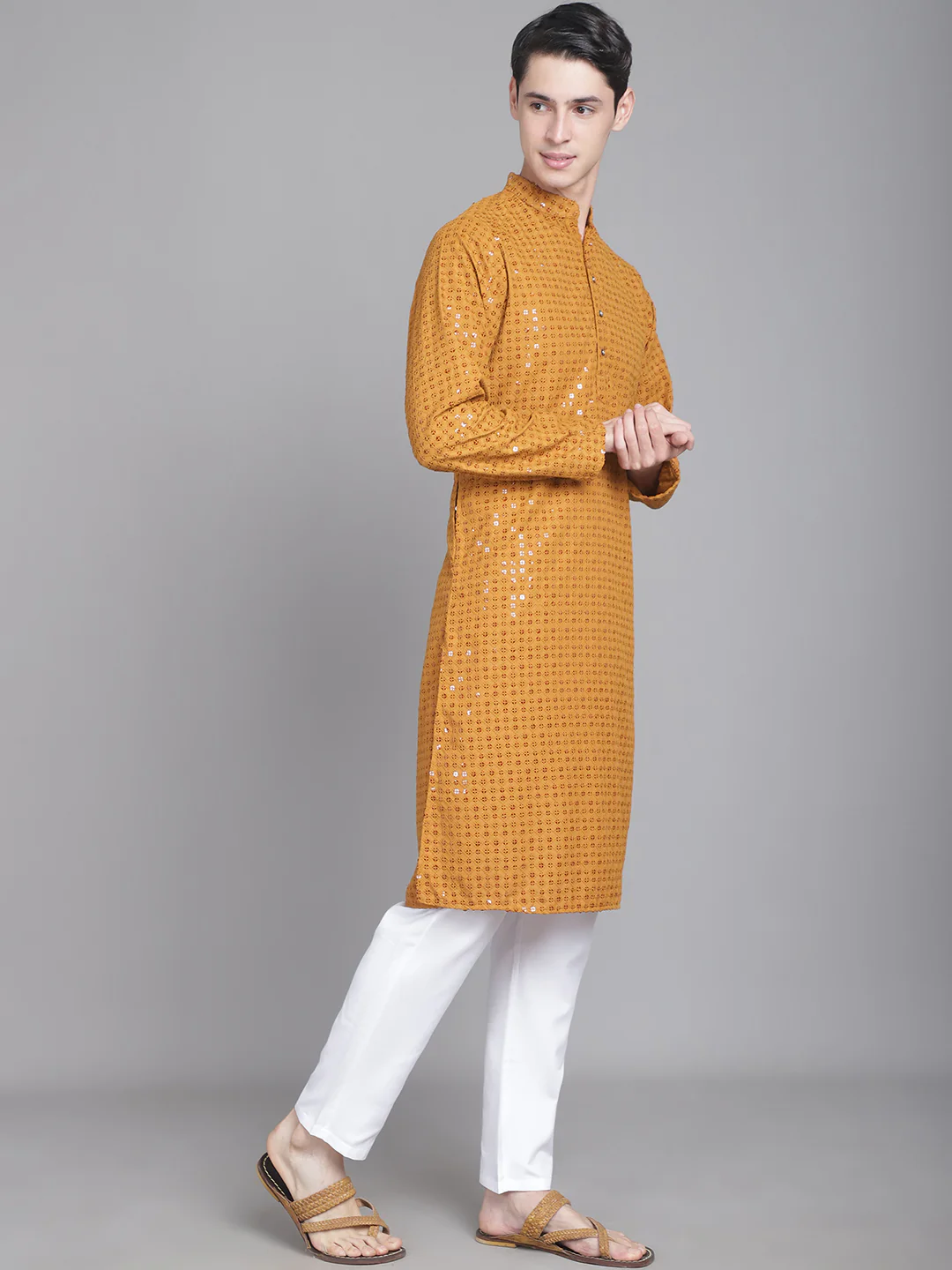Sparkling Elegance Men's Long Sequence Kurta - Mustard - Image 3
