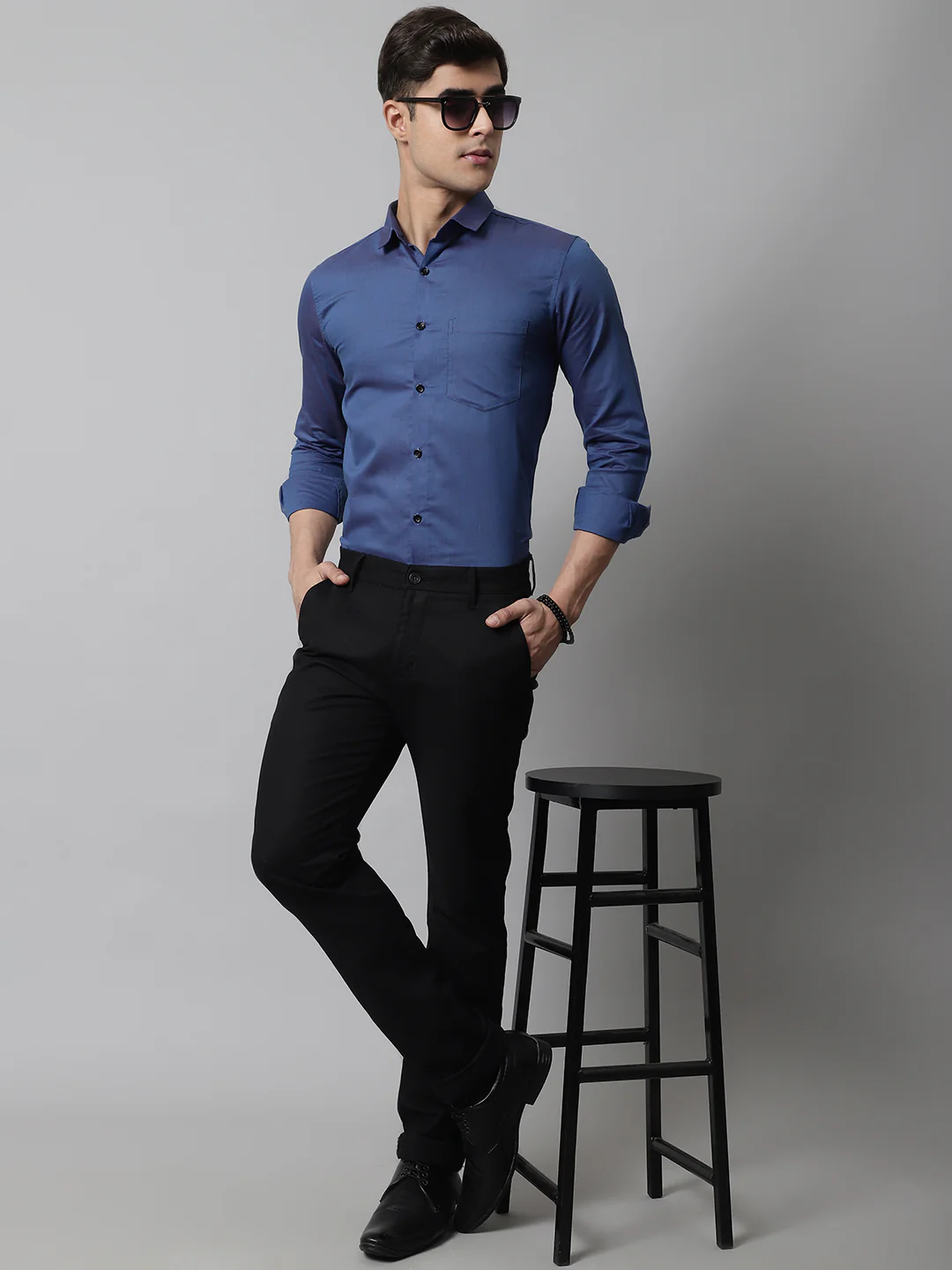 Tailored fit & Comfortable Solid Cotton Shirt - Blue - Image 4