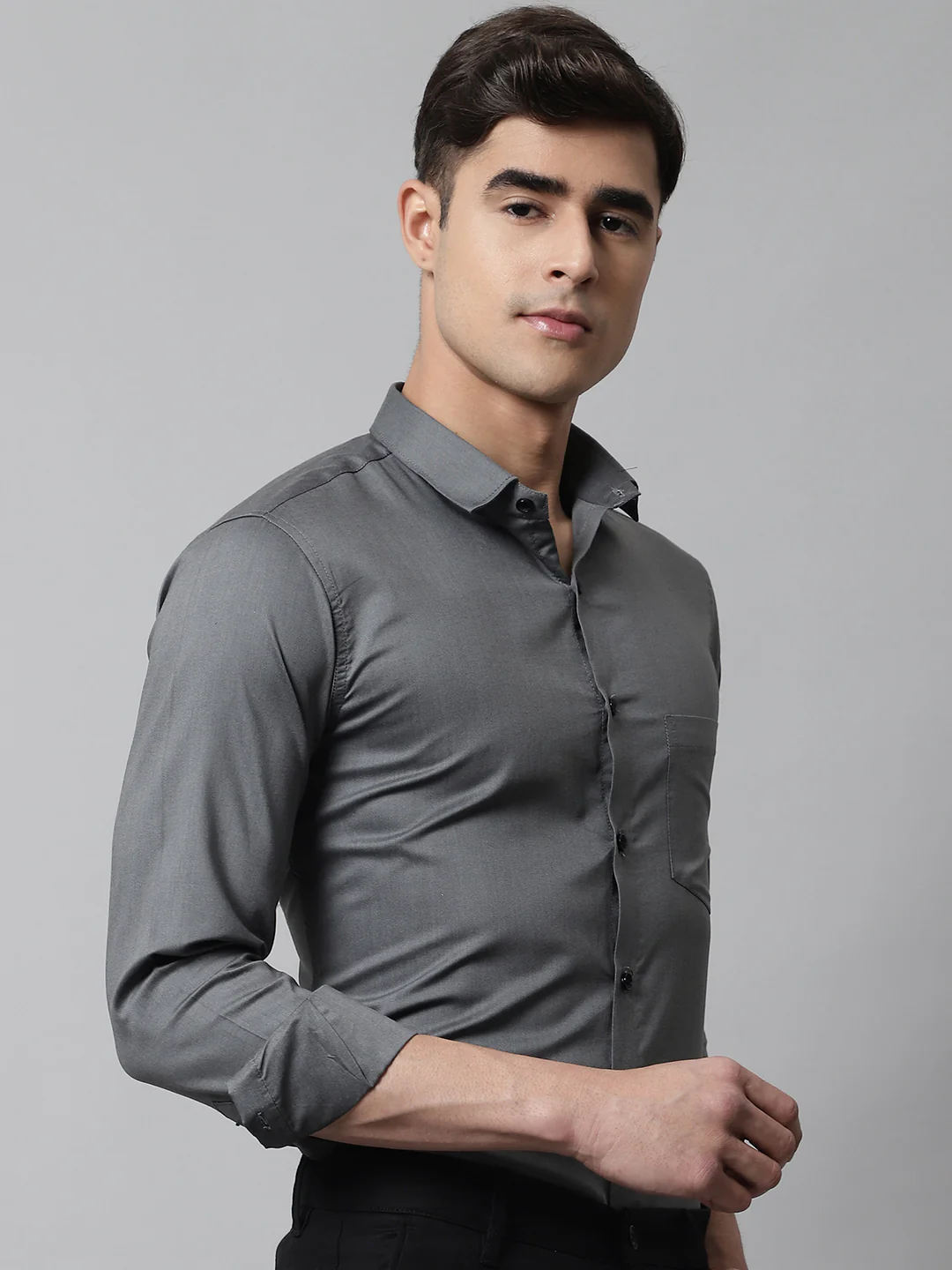 Tailored fit & Comfortable Solid Cotton Shirt - Dark Grey - Image 4