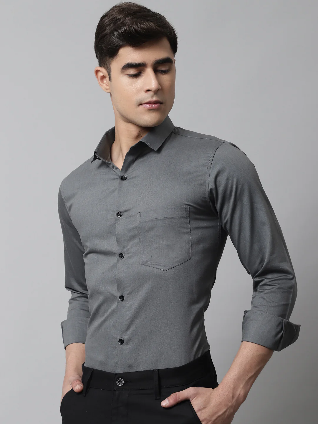 Tailored fit & Comfortable Solid Cotton Shirt - Dark Grey - Image 5