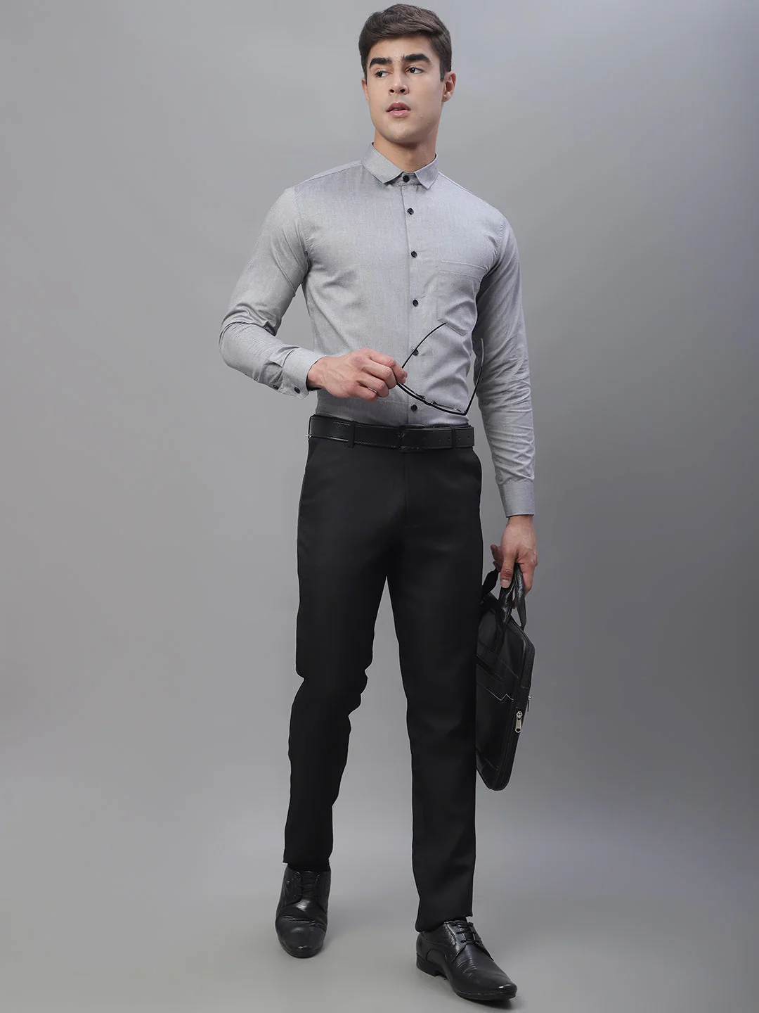 Tailored fit & Comfortable Solid Cotton Shirt - Light Grey - Image 5