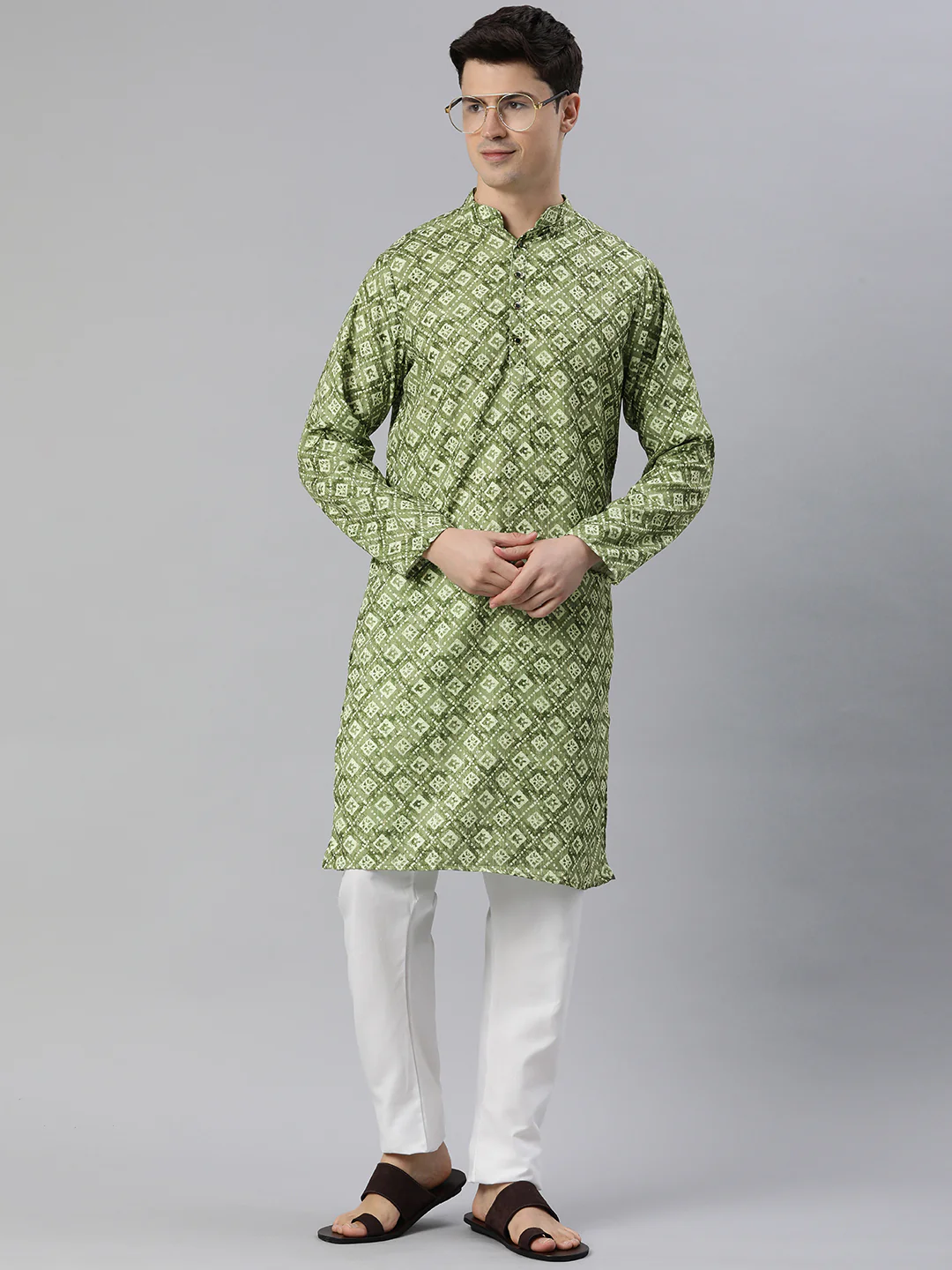 Threaded Elegance Printed Long Kurta-Mehendi - Image 5