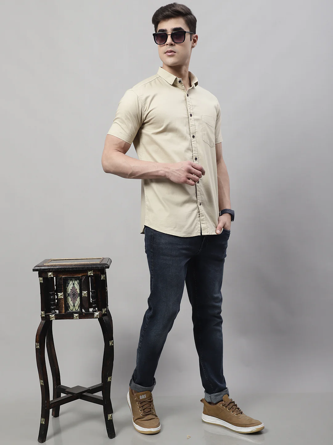 Unique and Fashionable Pure Cotton Half shirt - Beige - Image 4