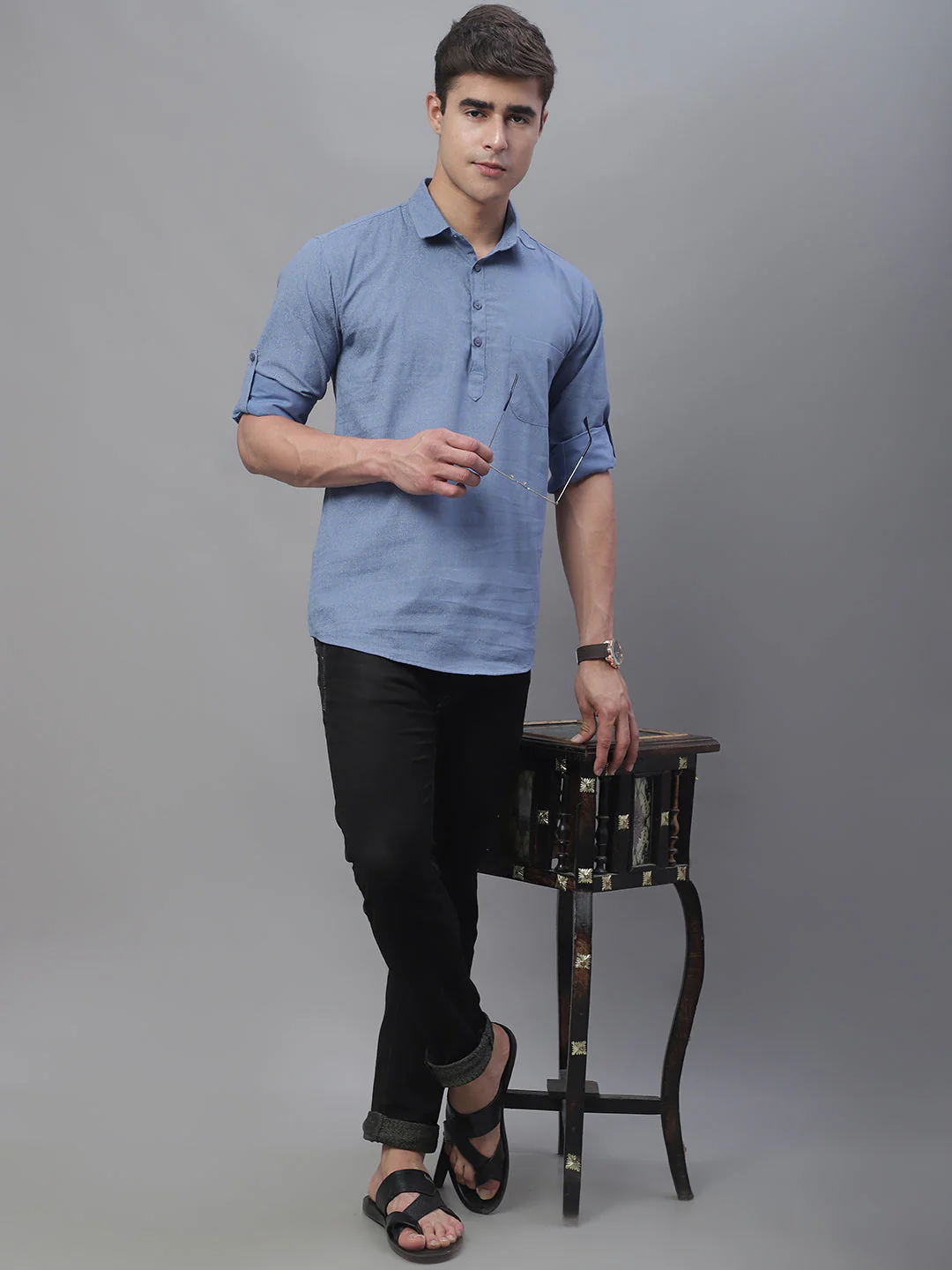 Versatile pattern printed pure cotton short kurta - Blue - Image 3