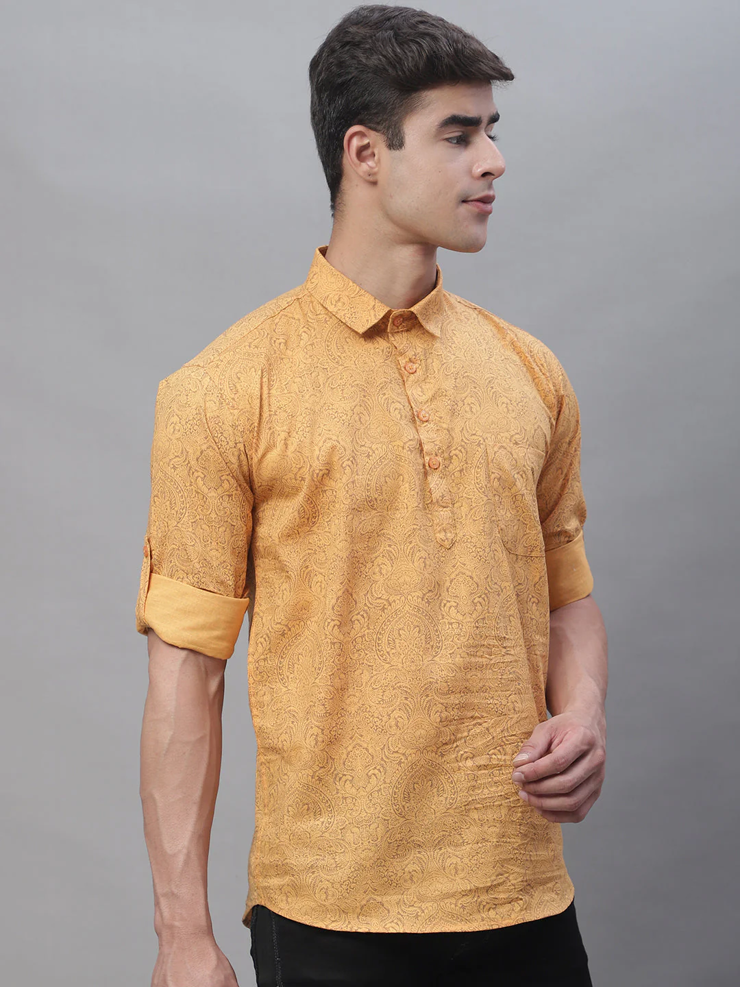 Versatile pattern printed pure cotton short kurta - Orange - Image 3
