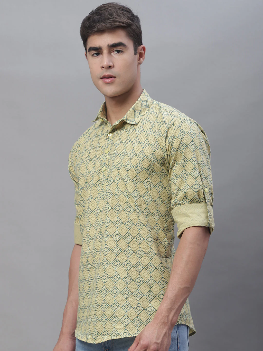 Versatile printed cotton short kurta - Yellow - Image 3