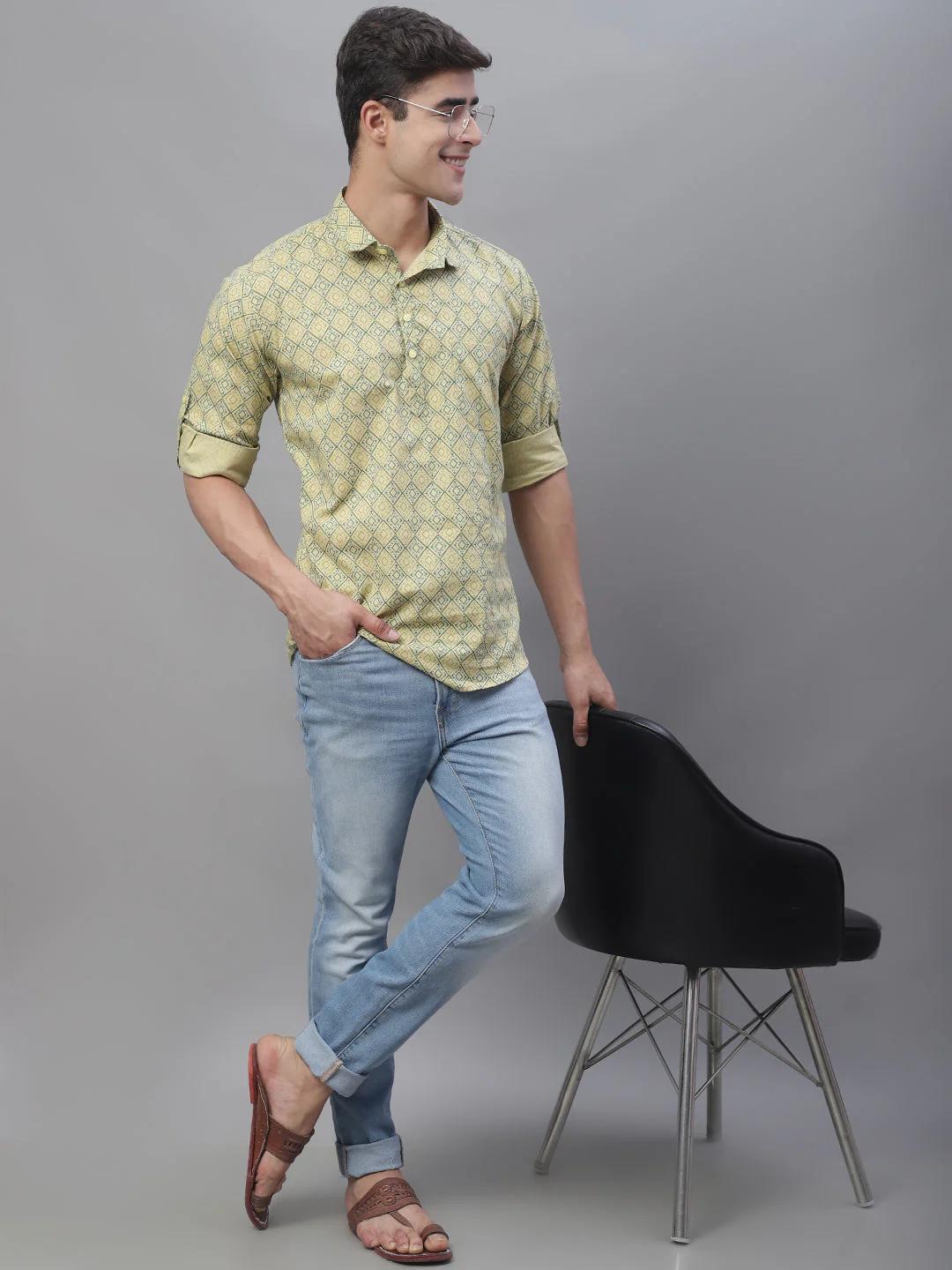 Versatile printed cotton short kurta - Yellow - Image 4