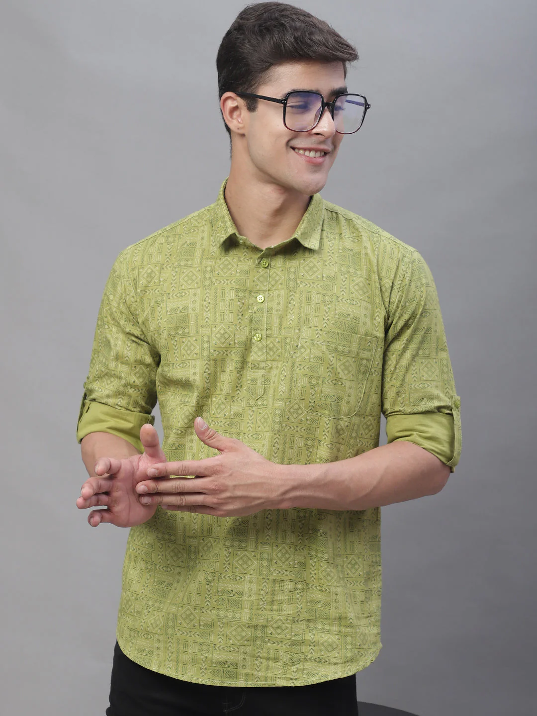 Pure Cotton Short Men's Kurta - Green - Image 3