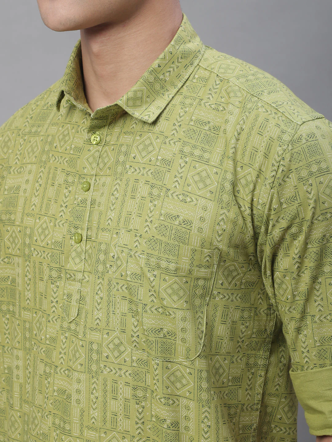 Pure Cotton Short Men's Kurta - Green - Image 6
