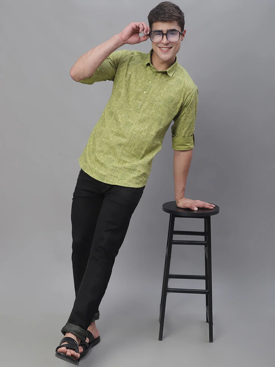 Pure Cotton Short Men's Kurta - Green - Image 7