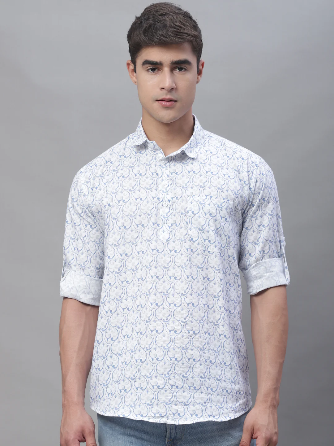 Versatile printed YinYang pure cotton short kurta - White